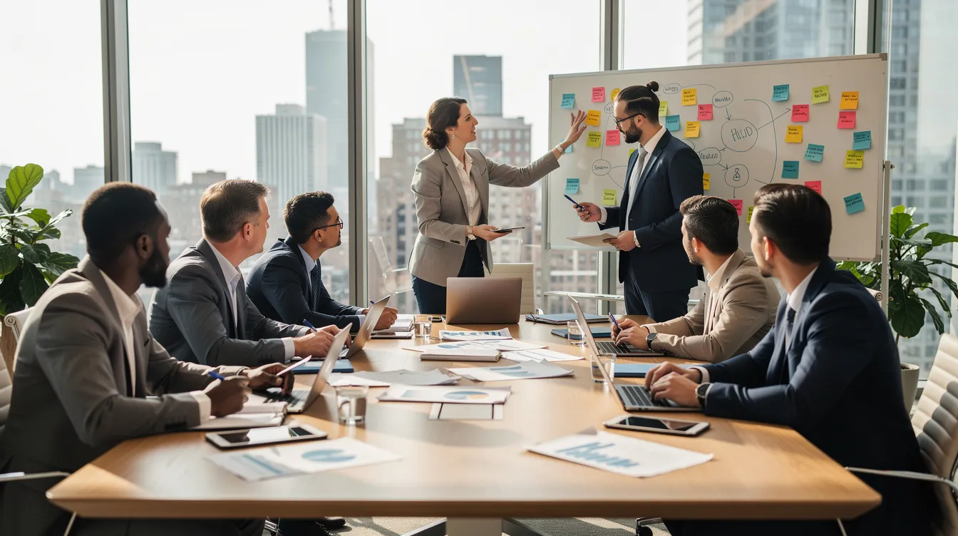 In einem modernen Besprechungsraum arbeiten mehrere Fachleute gemeinsam an einer Gruppenaufgabe, die typischerweise Teil eines Assessment Centers ist. Die Teilnehmer diskutieren angeregt, um ihre Fähigkeiten und Soft Skills zu demonstrieren, während sie sich auf die Anforderungen des Auswahlverfahrens vorbereiten.