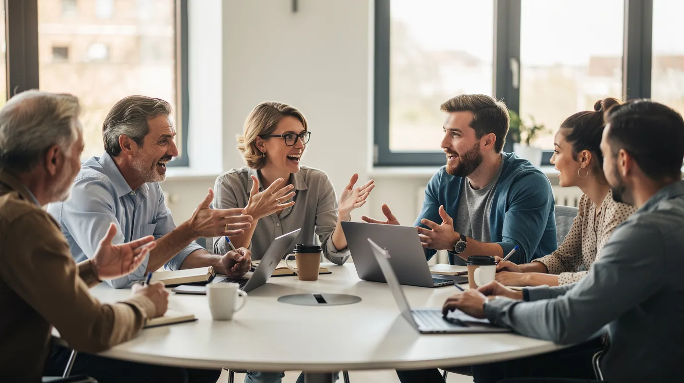 Eine Gruppe von Personen sitzt um einen runden Tisch und diskutiert lebhaft über verschiedene Themen, die für ein Assessment Center relevant sind. Die Teilnehmer zeigen Engagement und tauschen Ideen aus, während sie sich auf die bevorstehenden Aufgaben und Übungen im Auswahlverfahren vorbereiten.