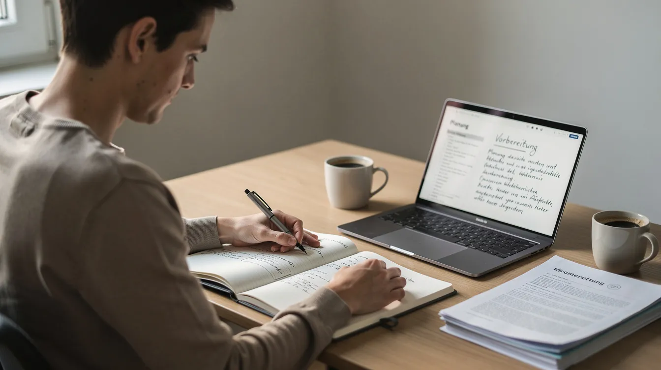 Eine Person sitzt konzentriert an einem Schreibtisch, umgeben von einem Notizbuch und einem Laptop, während sie sich auf ein Assessment Center vorbereitet. Die Vorbereitung umfasst das Durcharbeiten von Aufgaben und Übungen, die für das Auswahlverfahren in einem Unternehmen relevant sind.