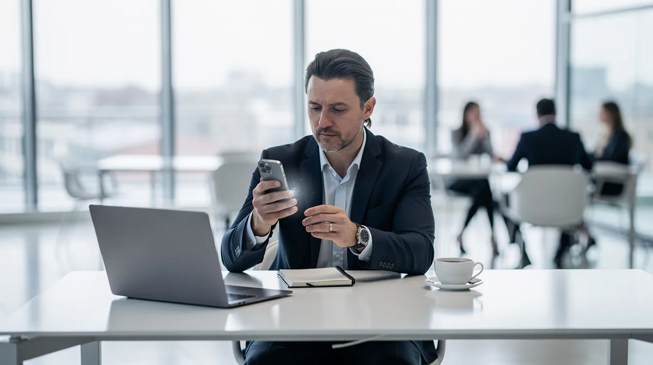 Ein professioneller Mensch sitzt an einem modernen Schreibtisch und überprüft eine Benachrichtigung auf seinem Smartphone. Die Szene vermittelt den Eindruck von aktiver Jobsuche und Kontaktaufnahme mit Recruitern über Plattformen wie LinkedIn oder Xing.