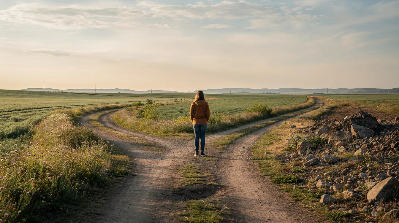 Eine Person steht an einer Weggabelung in einer offenen Landschaft, umgeben von grünen Wiesen und sanften Hügeln. Die beiden Pfade symbolisieren die Möglichkeiten einer beruflichen Neuorientierung, die Entscheidung für einen neuen Weg im Berufsleben oder einen Wechsel in ein anderes Berufsfeld.