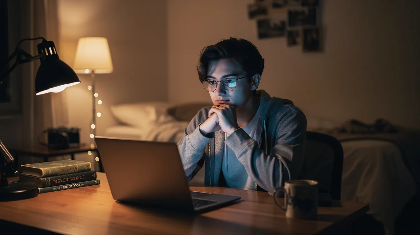 Eine junge Person sitzt nachdenklich vor einem geöffneten Laptop in einem gemütlich beleuchteten Zimmer und überlegt, wie sie herausfinden kann, welcher Beruf am besten zu ihren Interessen und Stärken passt. Der Raum strahlt eine ruhige Atmosphäre aus, die zum Nachdenken über die berufliche Zukunft und mögliche Karrierewege einlädt.