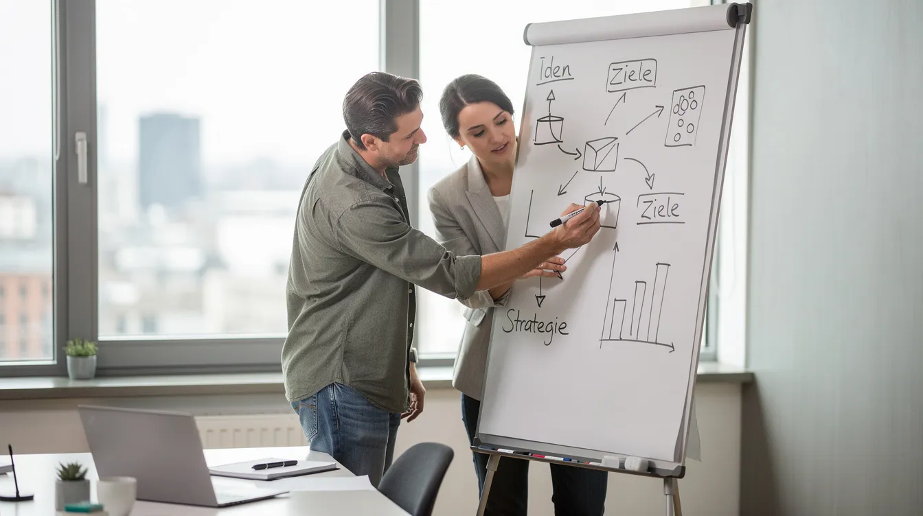 Zwei Personen stehen in einem modernen Büro und arbeiten gemeinsam an einem Whiteboard, auf dem sie Ideen skizzieren und diskutieren. Die Szene vermittelt eine kreative Atmosphäre, in der berufliche Herausforderungen und Projekte im Fokus stehen.