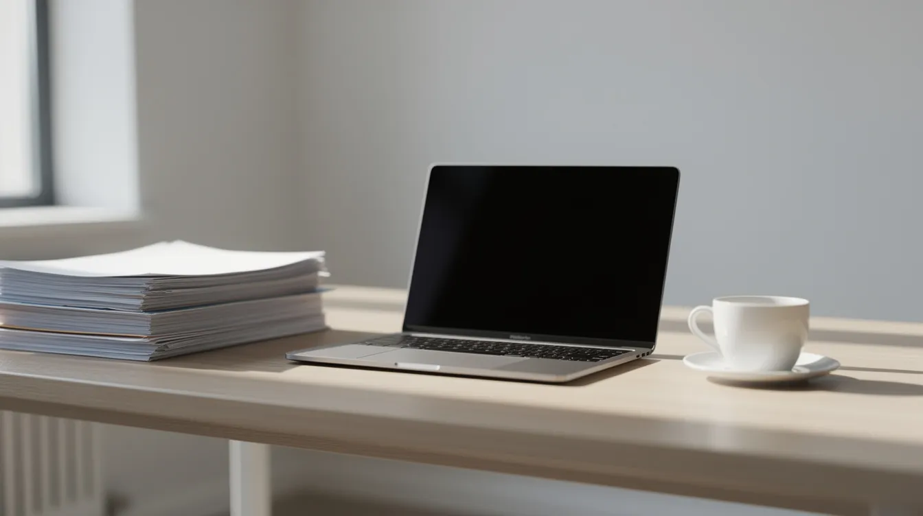 Ein aufgeräumter Schreibtisch zeigt ordentlich gestapelte Dokumente, einen Laptop und eine Tasse Kaffee. Die Dokumente könnten wichtige Bewerbungsunterlagen wie Zeugnisse, Lebenslauf und Arbeitszeugnisse enthalten, die für potenzielle Bewerber von Bedeutung sind.
