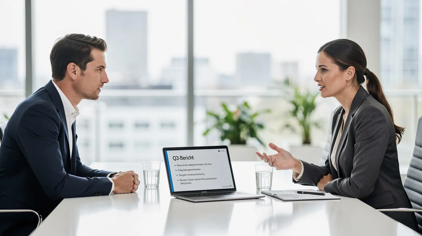 Zwei Geschäftsleute führen in einem modernen Büro ein professionelles Gespräch über die Personalvermittlung und die Suche nach Führungskräften. Der Austausch dreht sich um die Anforderungen und Qualifikationen, die für Schlüsselpositionen in Unternehmen erforderlich sind.