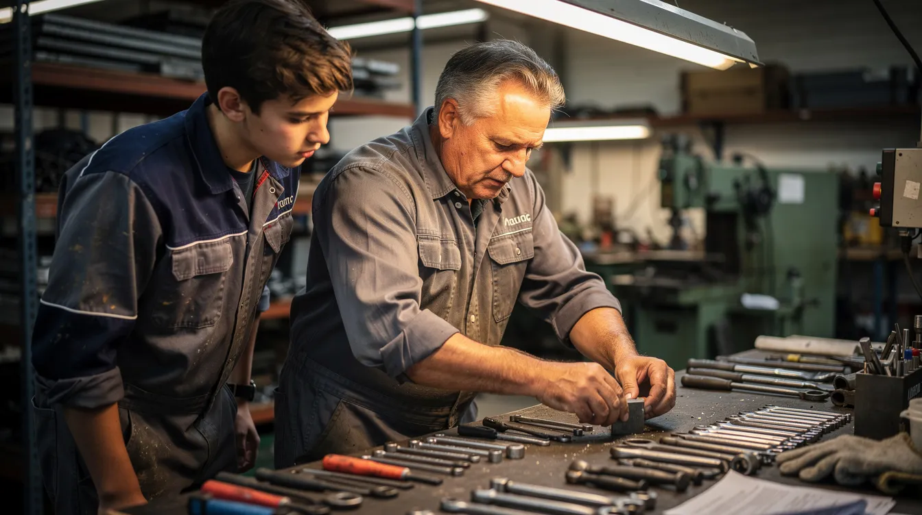 Ein junger Mensch in Arbeitskleidung beobachtet aufmerksam einen erfahrenen Kollegen in einer Werkstatt, während dieser eine technische Aufgabe erfüllt. Diese Situation bietet Einblicke in das Berufsleben und kann helfen, die eigene Berufswahl zu reflektieren und herauszufinden, welcher Beruf zu den eigenen Stärken und Interessen passt.
