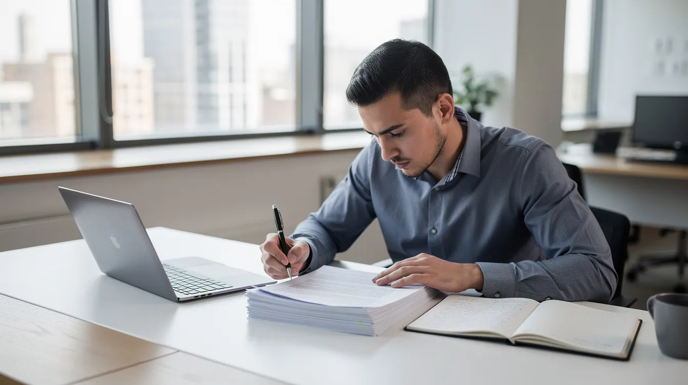 Eine Person sitzt an einem modernen Arbeitsplatz und studiert konzentriert Unterlagen, während sie Notizen macht. Diese Szene spiegelt die Arbeitswelt wider, in der Arbeitnehmer wichtige Informationen, wie beispielsweise die Formulierungen in Arbeitszeugnissen, analysieren, um ihre Arbeitsleistungen und die Zufriedenheit des Arbeitgebers zu verstehen.