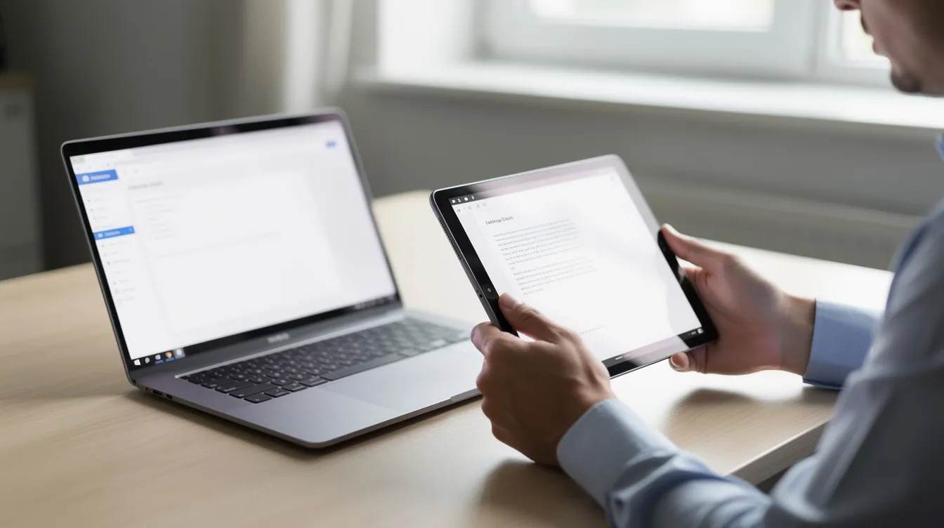 Eine Person überprüft ein PDF-Dokument auf einem Tablet, während ein Laptop aufgeklappt daneben steht. Auf dem Bildschirm sind möglicherweise Bewerbungsunterlagen zu sehen, die Schriftarten wie Arial oder Times New Roman enthalten, was auf den Bewerbungsprozess hinweist.