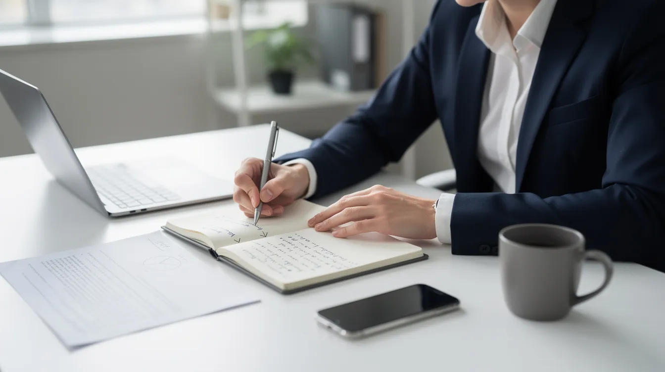 Ein professioneller Mensch bereitet sich an einem sauberen Schreibtisch auf ein Telefonat vor, indem er Notizen und Dokumente sortiert. Diese Szene symbolisiert die Vorbereitung auf ein Gespräch mit einem Headhunter oder Recruiter im Rahmen der Jobsuche und Kontaktaufnahme über Karrierenetzwerke wie LinkedIn oder XING.