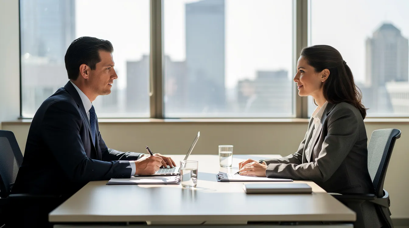 Das Bild zeigt zwei Personen in einem Vorstellungsgespräch, die an einem Tisch in einem hellen Büro sitzen. Der Bewerber und der Personaler diskutieren über mögliche Gründe für einen Jobwechsel und die Herausforderungen, die mit einer beruflichen Neuorientierung verbunden sind.