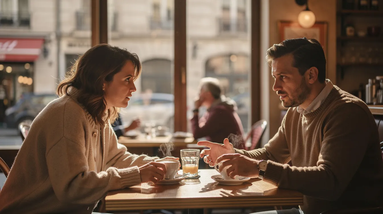 In einem gemütlichen Café führen zwei Personen ein angeregtes Gespräch, während eine aufmerksam zuhört und die andere nachdenklich gestikuliert. Diese Szene könnte eine Diskussion über den richtigen Zeitpunkt für einen Jobwechsel oder die Herausforderungen im Berufsleben widerspiegeln.