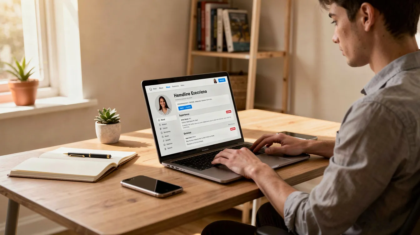 Eine Person sitzt an einem Laptop in einem gemütlichen Home-Office und aktualisiert ihr berufliches Profil auf einer Plattform wie LinkedIn oder XING. Die Umgebung ist modern und gut organisiert, was auf eine aktive Jobsuche und das Interesse an Recruiting-Anfragen hinweist.