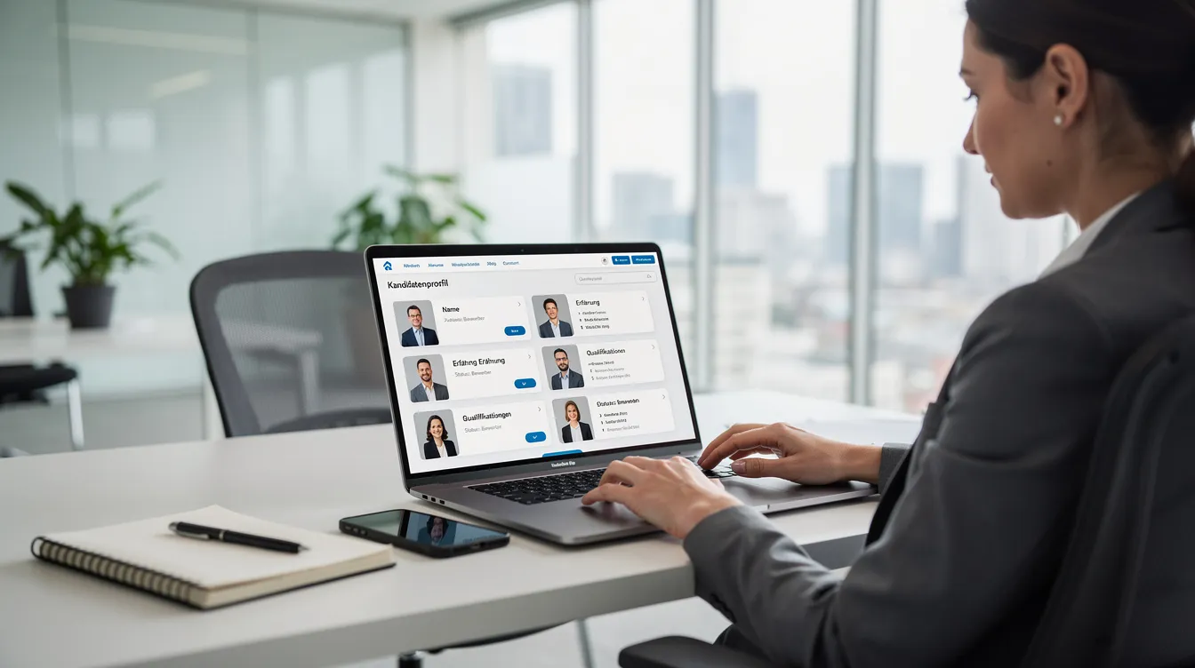 Eine Fachkraft sitzt an einem Laptop und überprüft Kandidatenprofile in einem modernen Arbeitsumfeld, das für die Personalvermittlung und das Headhunting von Fach- und Führungskräften geeignet ist. Im Hintergrund sind Elemente eines zeitgemäßen Büros zu sehen, die eine produktive Unternehmenskultur widerspiegeln.