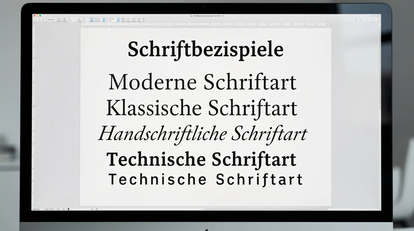 Die Nahaufnahme eines Computerbildschirms zeigt verschiedene Schriftarten, darunter Times New Roman, Arial und Calibri, in einem Textdokument. Diese Schriftbeispiele sind für Bewerbungsunterlagen wie Anschreiben und Lebenslauf angeordnet, um den Lesern einen Eindruck von der Schriftart und Schriftgröße zu vermitteln, die für eine professionelle Bewerbung geeignet sind.
