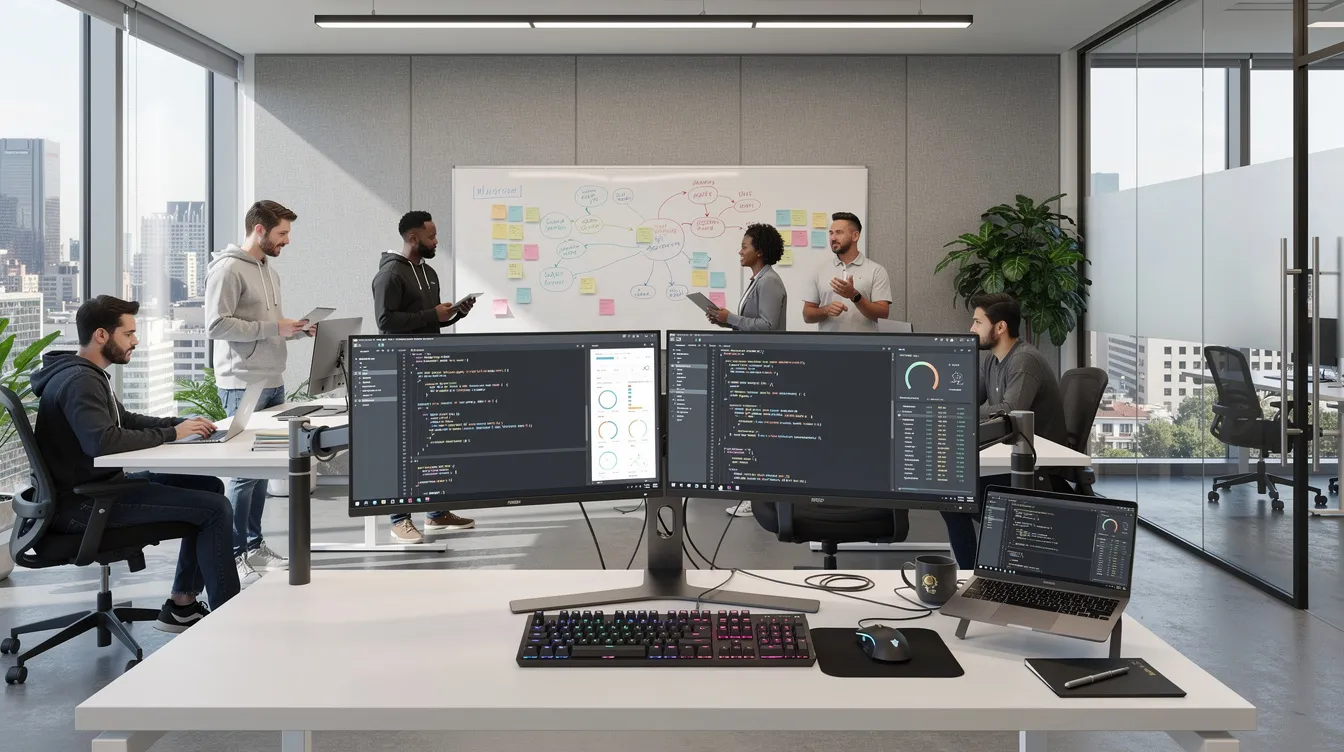 Das Bild zeigt einen modernen Arbeitsplatz mit zwei Monitoren, der eine kollaborative Teamumgebung darstellt. Mitarbeiter arbeiten gemeinsam an Projekten, was für eine dynamische Atmosphäre sorgt, die für viele Jobwechsel und Veränderungen in der Karriere von Bedeutung ist.