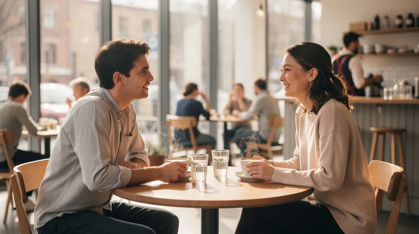 Zwei Personen sitzen in einem hellen Café und führen ein angeregtes Gespräch bei einer Tasse Kaffee. Sie diskutieren über Möglichkeiten der beruflichen Neuorientierung und die Chancen, die ein Berufswechsel mit sich bringen kann.