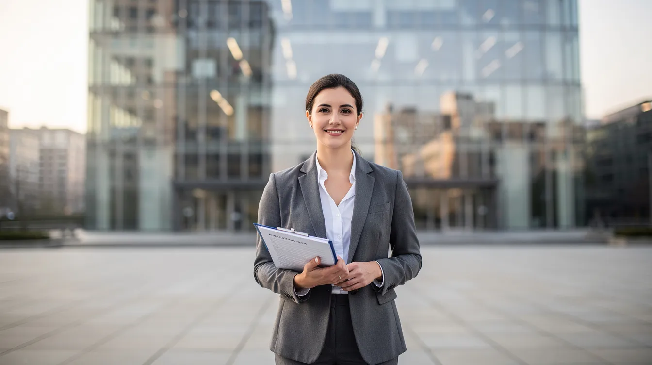 Eine selbstbewusste Person steht mit Bewerbungsunterlagen in der Hand vor einem modernen Bürogebäude. Sie strahlt Zuversicht aus, während sie sich auf die bevorstehenden Herausforderungen in der Arbeitswelt und das Vorstellungsgespräch vorbereitet.